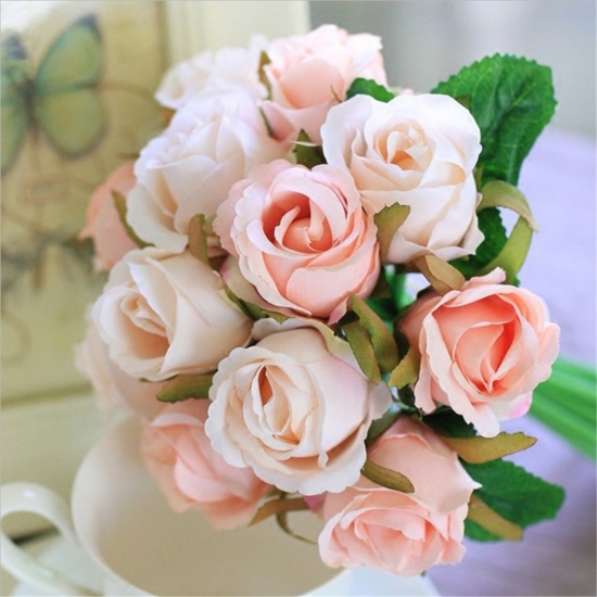 Picture of Faux Silk Artificial Flower 12 Rose Flower Champagne 25cm x 17cm, 1 Bunch