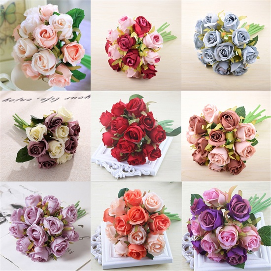 Picture of Faux Silk Artificial Flower 12 Rose Flower Champagne 25cm x 17cm, 1 Bunch