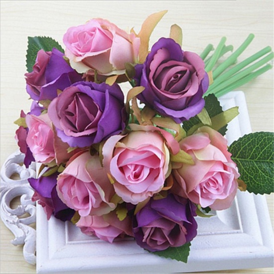 Picture of Faux Silk Artificial Flower 12 Rose Flower Purple 25cm x 17cm, 1 Bunch