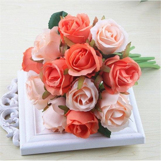 Picture of Faux Silk Artificial Flower 12 Rose Flower Orange 25cm x 17cm, 1 Bunch