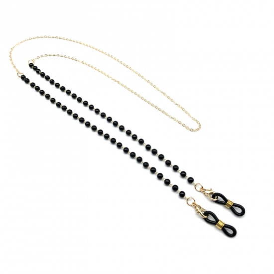 Picture of Face Mask And Glasses Neck Strap Lariat Lanyard Necklace Gold Plated Black Imitation Pearl 70cm, 1 Piece
