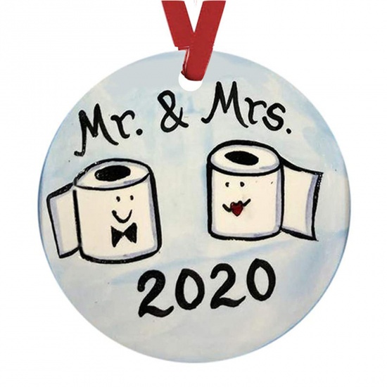 Picture of PET Christmas Hanging Decoration White Round Paper Towel Message " Mr & Mrs " 10cm Dia., 1 Piece