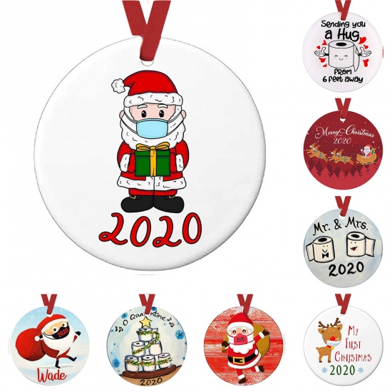 Picture of PET Hanging Decoration Red Christmas Santa Claus Wear Mask Message " 2020 " 10cm Dia., 1 Piece