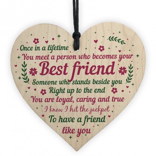 Picture of Wood Christmas Hanging Decoration Natural Color Heart Word Message " Best Friend " 10cm x 10cm, 1 Piece