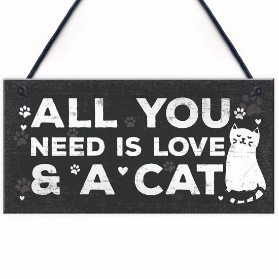 Picture of Natural Wood Christmas Hanging Decoration Black Rectangle Cat Message " All You Need Is Love & A Cat " 20cm x 10cm, 1 Piece