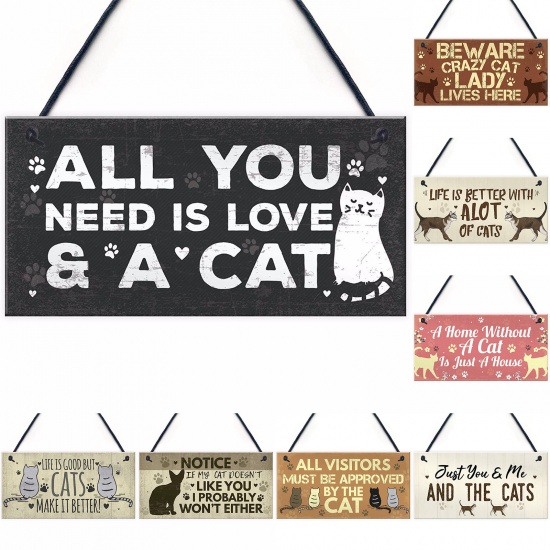 Picture of Natural Wood Christmas Hanging Decoration Black Rectangle Cat Message " All You Need Is Love & A Cat " 20cm x 10cm, 1 Piece