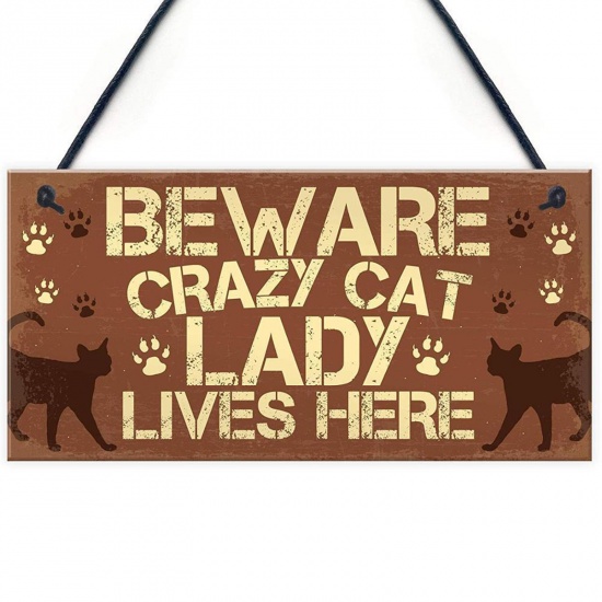 Picture of Wood Christmas Hanging Decoration Brown Rectangle Cat Message " Beware Crazy Cat Lady Lives Here " 20cm x 10cm, 1 Piece