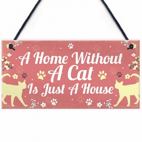 Image de Pendentifs d'Embellissement Noël en Bois Rose Rectangle Chats Mots" A Home Without Cat Is Just A House " 20cm x 10cm, 1 Pièce