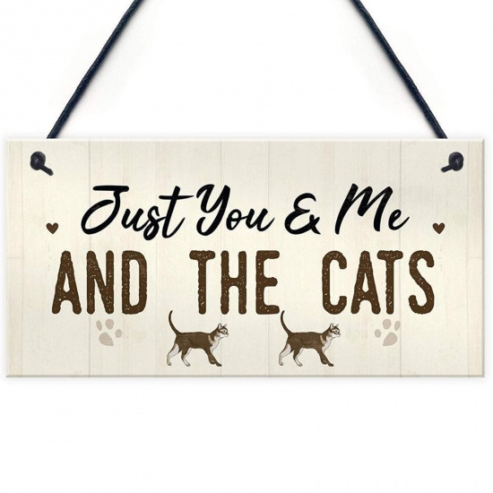 Picture of Wood Christmas Hanging Decoration Ivory Rectangle Cat Message " Just You & Me And The Cats " 20cm x 10cm, 1 Piece