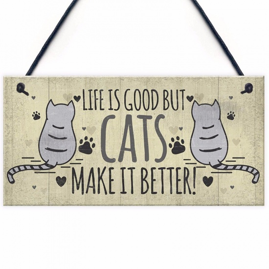 Picture of Natural Wood Christmas Hanging Decoration Beige Rectangle Cat Message " Life Is Good But Cats Make It Better " 20cm x 10cm, 1 Piece