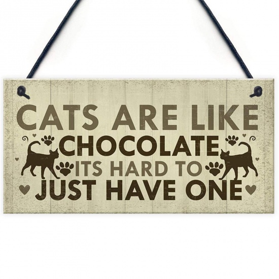 Picture of Natural Wood Christmas Hanging Decoration Beige Rectangle Cat Message " Cats Are Like Chocolate It’s Hard To Just Have One " 20cm x 10cm, 1 Piece