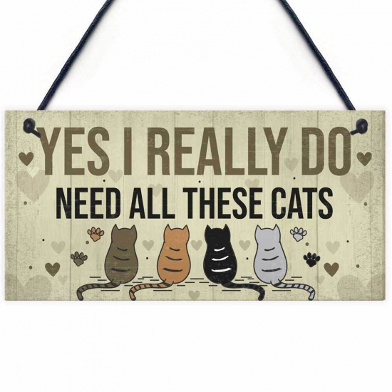 Image de Pendentifs d'Embellissement Noël en Bois Beige Rectangle Chats Mots" Yes I Really Do Need All These Cats " 20cm x 10cm, 1 Pièce