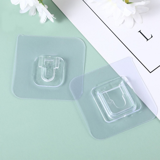 Picture of PVC Double Sided Adhesive Heavy-Duty Self-Adhesive Wall Hooks Square Transparent Clear 6cm x 6cm, 3 Sets