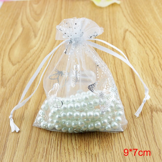 Picture of Wedding Gift Organza Drawstring Bags White Butterfly 9cm x7cm(3 4/8" x2 6/8"), 20 PCs