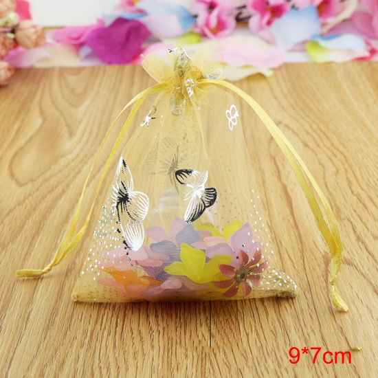 Picture of Wedding Gift Organza Drawstring Bags Golden Butterfly 9cm x7cm(3 4/8" x2 6/8"), 20 PCs