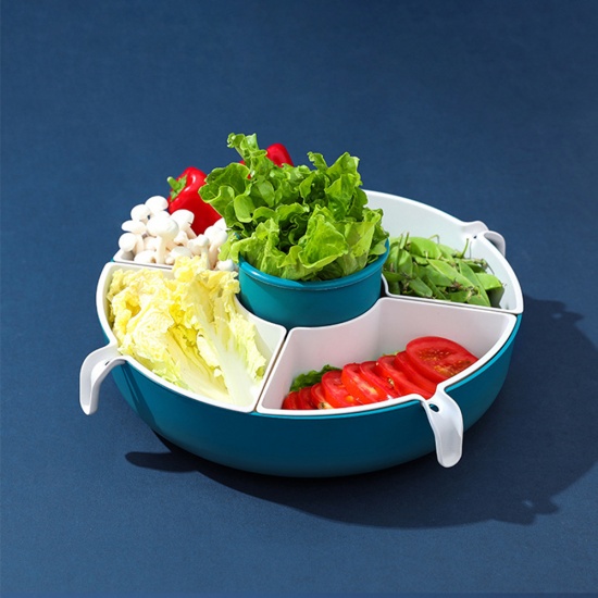 Picture of Plastic Multifunction Rotatable Double Layer Kitchen Colander Strainer Drain Basket Blue 1 Piece