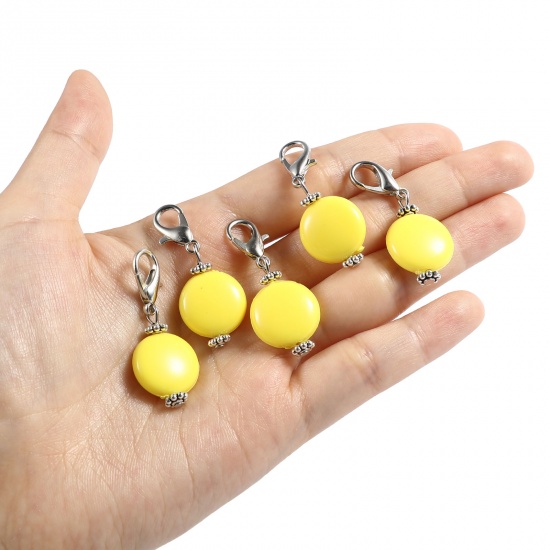 Picture of Zinc Based Alloy & Acrylic Knitting Stitch Markers Antique Silver Color Yellow Round 40mm x 16mm, 10 PCs
