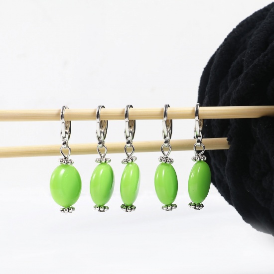 Picture of Zinc Based Alloy & Acrylic Knitting Stitch Markers Antique Silver Color Green Round 40mm x 16mm, 10 PCs