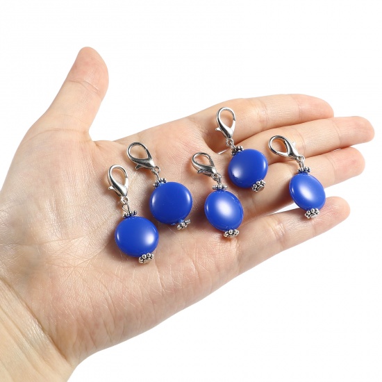 Picture of Zinc Based Alloy & Acrylic Knitting Stitch Markers Antique Silver Color Royal Blue Round 40mm x 16mm, 10 PCs
