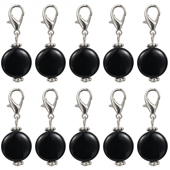 Picture of Zinc Based Alloy & Acrylic Knitting Stitch Markers Antique Silver Color Black Round 40mm x 16mm, 10 PCs