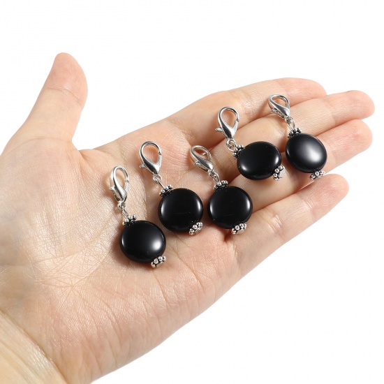 Picture of Zinc Based Alloy & Acrylic Knitting Stitch Markers Antique Silver Color Black Round 40mm x 16mm, 10 PCs