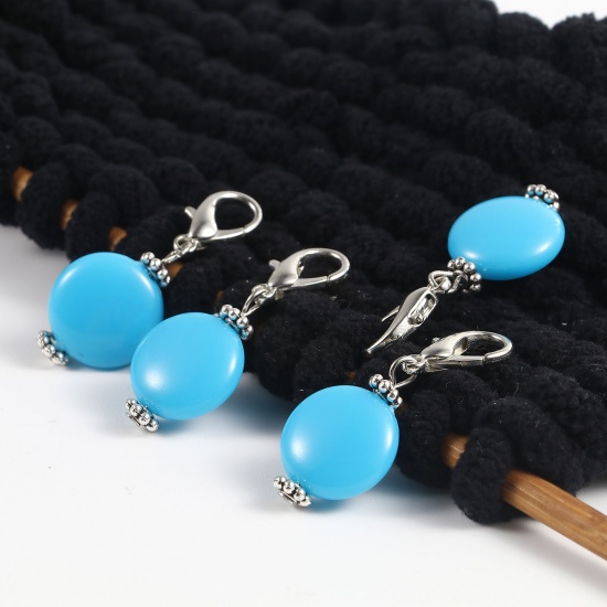 Picture of Zinc Based Alloy & Acrylic Knitting Stitch Markers Antique Silver Color Blue Round 40mm x 16mm, 10 PCs