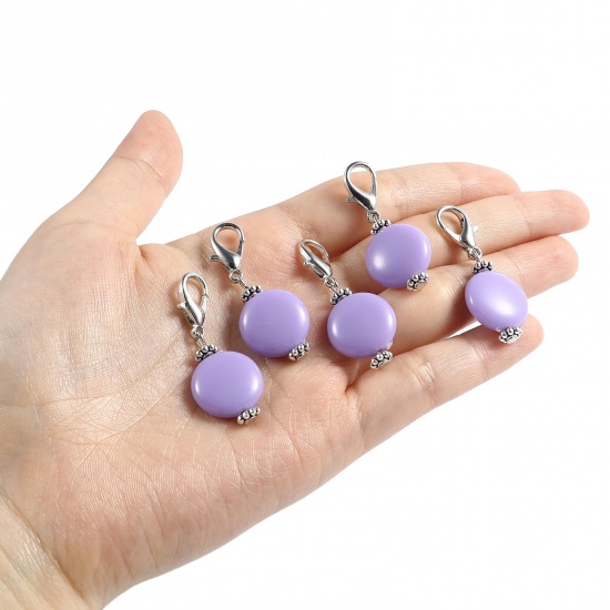 Picture of Zinc Based Alloy & Acrylic Knitting Stitch Markers Antique Silver Color Mauve Round 40mm x 16mm, 10 PCs