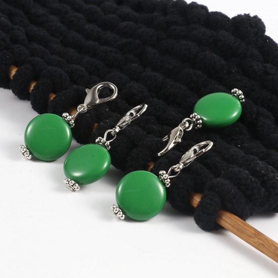 Picture of Zinc Based Alloy & Acrylic Knitting Stitch Markers Antique Silver Color Dark Green Round 40mm x 16mm, 10 PCs