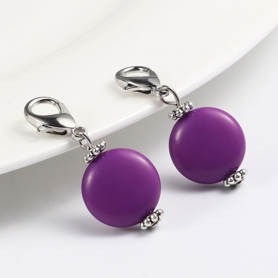 Picture of Zinc Based Alloy & Acrylic Knitting Stitch Markers Antique Silver Color Dark Purple Round 40mm x 16mm, 10 PCs