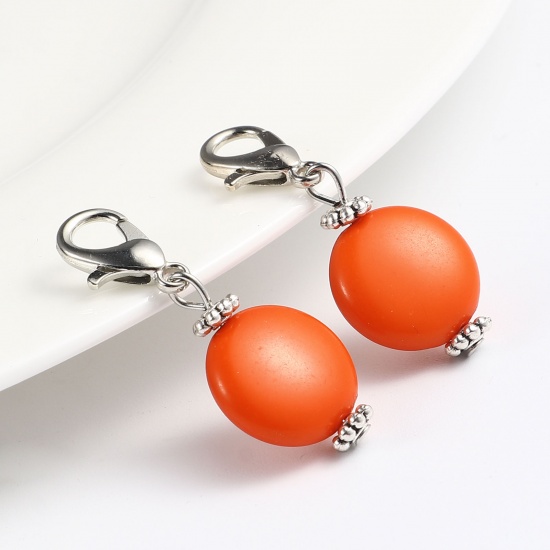Picture of Zinc Based Alloy & Acrylic Knitting Stitch Markers Antique Silver Color Orange Round 40mm x 16mm, 10 PCs