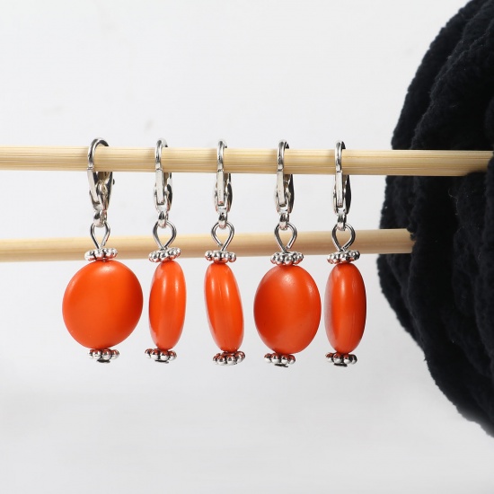 Picture of Zinc Based Alloy & Acrylic Knitting Stitch Markers Antique Silver Color Orange Round 40mm x 16mm, 10 PCs