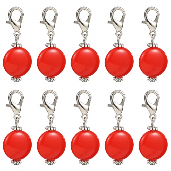 Picture of Zinc Based Alloy & Acrylic Knitting Stitch Markers Antique Silver Color Red Round 40mm x 16mm, 10 PCs