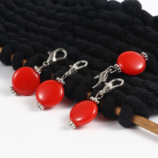 Picture of Zinc Based Alloy & Acrylic Knitting Stitch Markers Antique Silver Color Red Round 40mm x 16mm, 10 PCs