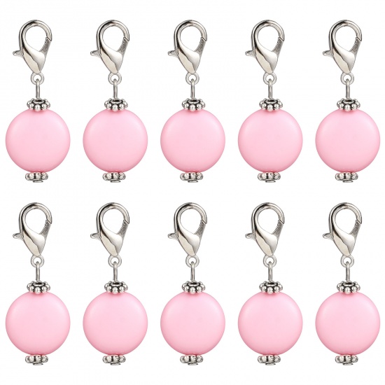 Picture of Zinc Based Alloy & Acrylic Knitting Stitch Markers Antique Silver Color Pink Round 40mm x 16mm, 10 PCs