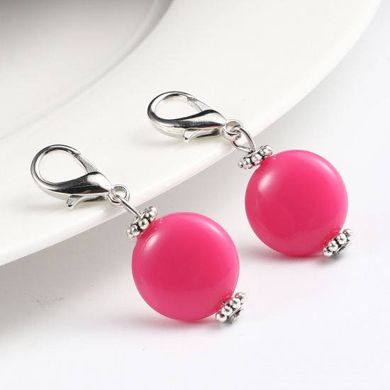 Picture of Zinc Based Alloy & Acrylic Knitting Stitch Markers Antique Silver Color Fuchsia Round 40mm x 16mm, 10 PCs