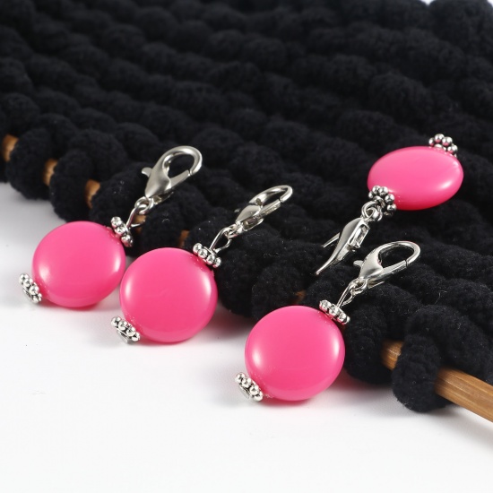 Picture of Zinc Based Alloy & Acrylic Knitting Stitch Markers Antique Silver Color Fuchsia Round 40mm x 16mm, 10 PCs