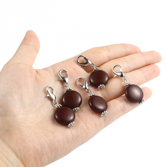 Picture of Zinc Based Alloy & Acrylic Knitting Stitch Markers Antique Silver Color Coffee Round 40mm x 16mm, 10 PCs