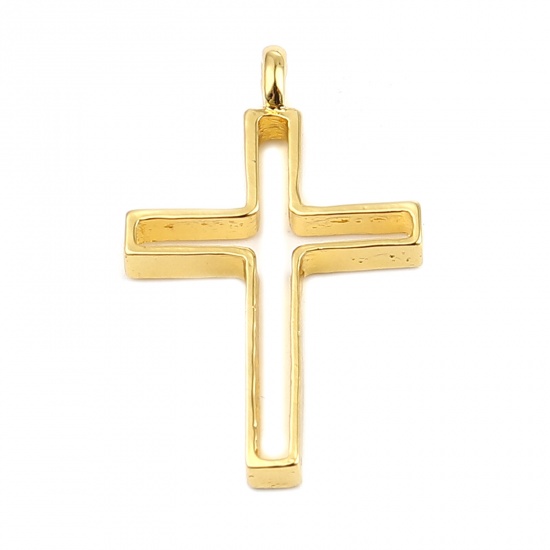 Picture of Zinc Based Alloy Religious Open Back Bezel Pendants For Resin Gold Plated Cross 38mm x 23mm, 10 PCs