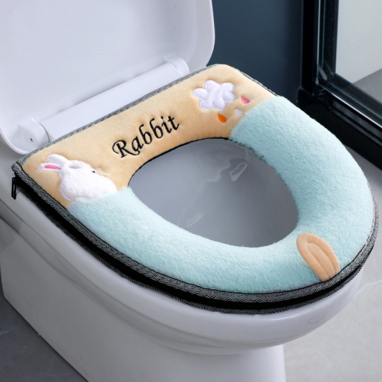 Image de Bleu - Housse de siège de toilette avec Fermeture éclair épaissie en peluche d'hiver en PU imperméable réutilisable et lavable Lapin 43x37.5cm, 1 pièce