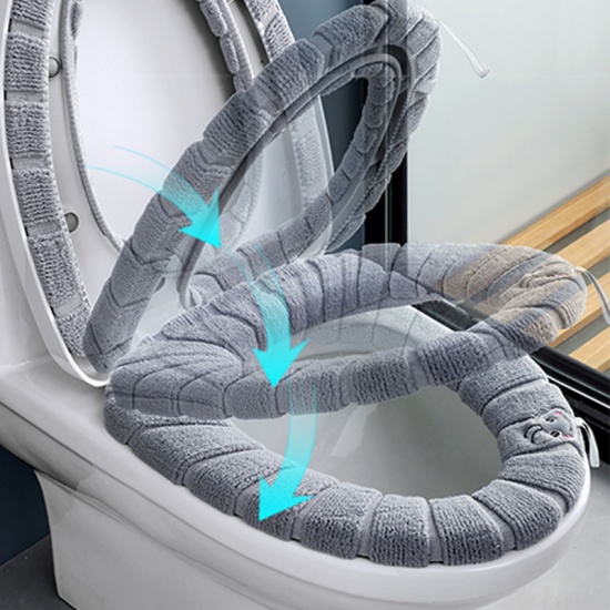 Image de Bleu - Housse de siège de toilette avec Fermeture éclair épaissie en peluche d'hiver en PU imperméable réutilisable et lavable Lapin 43x37.5cm, 1 pièce