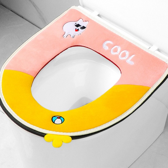 Image de Rose - Housse de siège de toilette avec Fermeture éclair épaissie en peluche d'hiver en PU imperméable réutilisable et lavable Lapin 37x43cm, 1 pièce