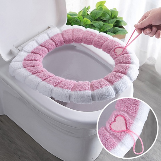 Immagine di Blue - Universal Washable Reusable Elastic Winter Plush Thickened Toilet Seat Cover with Handle 31cm Dia., 1 Piece