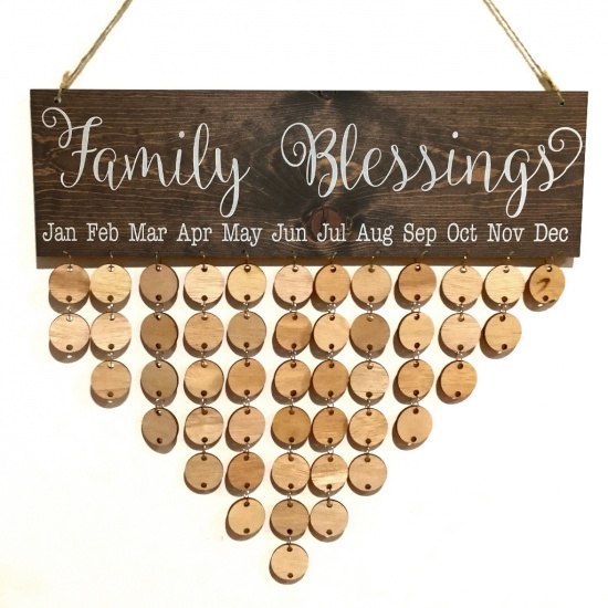 Picture of Natural - Wood DIY Calendar Kalendar Reminder Board Plaque Hanging Home Decoration Word Message "family blessings" 40x12x0.4cm, 1 Set