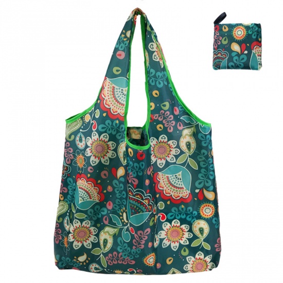 Immagine di Green - Flower Large Waterproof Portable Thickened Foldable Shopping Shoulder Bag 60x40x8cm, 1 Piece