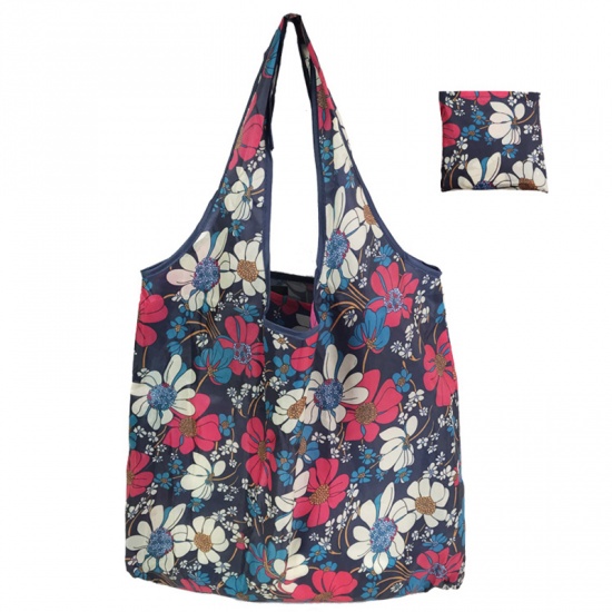 Immagine di Navy Blue - Flower Large Waterproof Portable Thickened Foldable Shopping Shoulder Bag 60x40x8cm, 1 Piece