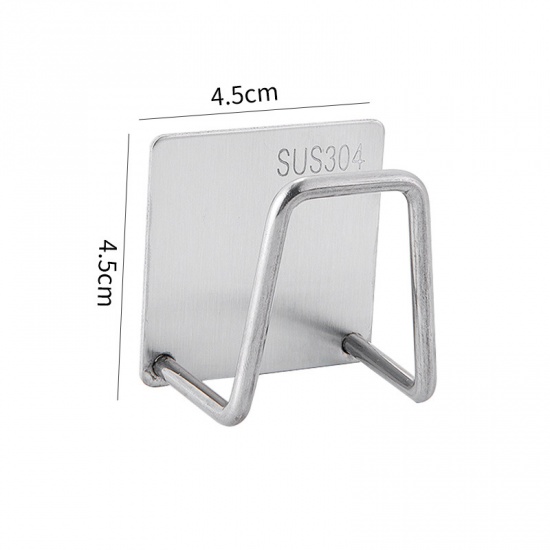 Immagine di Silver Tone - Drawbench Smooth 304 Stainless Steel Strong Adhesive Hook Rack Kitchen Bathroom Wall Sponge Holder  4.5x4.5x3.5cm, 1 Piece