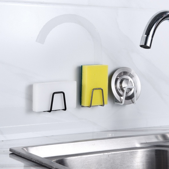 Изображение Silver Tone - Drawbench Smooth 304 Stainless Steel Strong Adhesive Hook Rack Kitchen Bathroom Wall Sponge Holder  4.5x4.5x3.5cm, 1 Piece