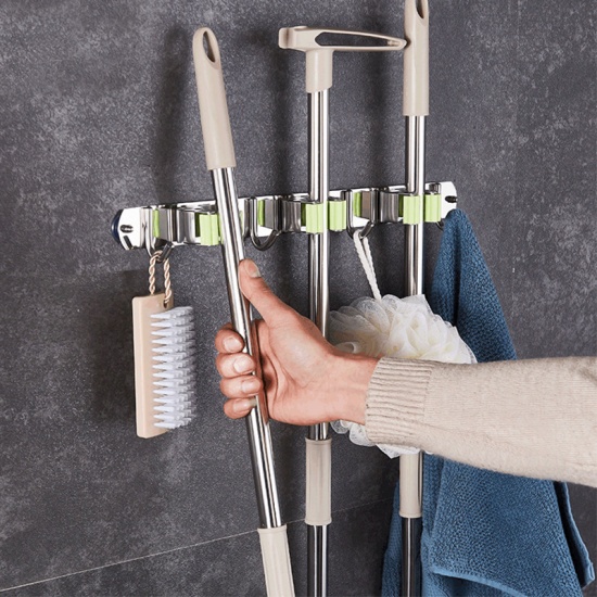 Immagine di Gray - 304 Stainless Steel 2 In 1 Punched Paste Wall Mounted Broom Holder Heavy Duty Practical Clip Mop Organizer Space Saving Hanger Hook Multifunctional 19cm, 1 Piece