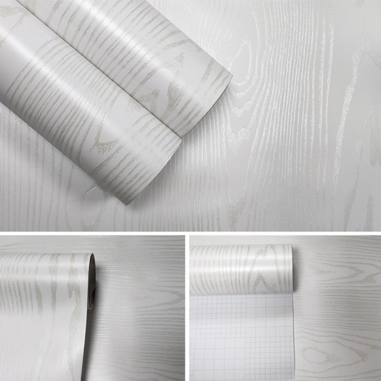 Immagine di Silvery White - 3D Wood Grain Texture Waterproof Thick Self-Adhesive PVC Wallpaper Sticker 100x60cm