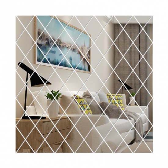 Immagine di Silver Color - Acrylic Rhombus Mosaic Background Mirror Wall Stickers Decoration Combination Removable, 1 Piece